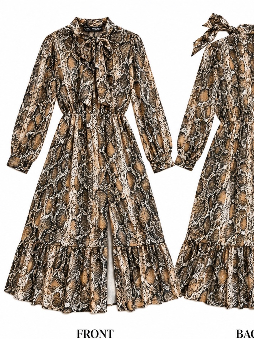 ZARA Brown Tan Black and Cream Snake-Print Tie-Neck Maxi Dress